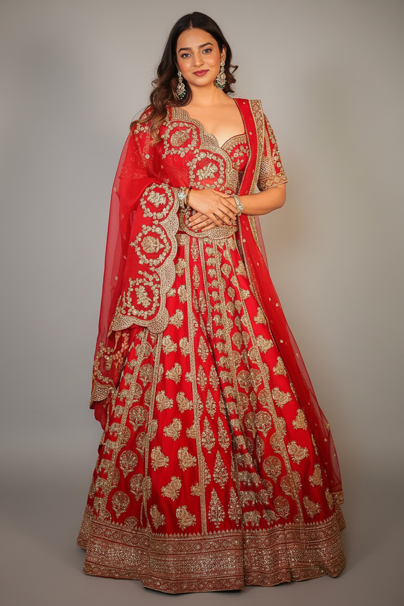 Red Bamber Silk Heavy Worked Bridal Lehenga - red silk saree