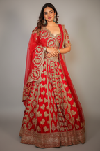 Red Bamber Silk Heavy Worked Bridal Lehenga - red silk saree
