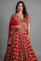 Red Bamber Silk Heavy Worked Bridal Lehenga - red silk saree