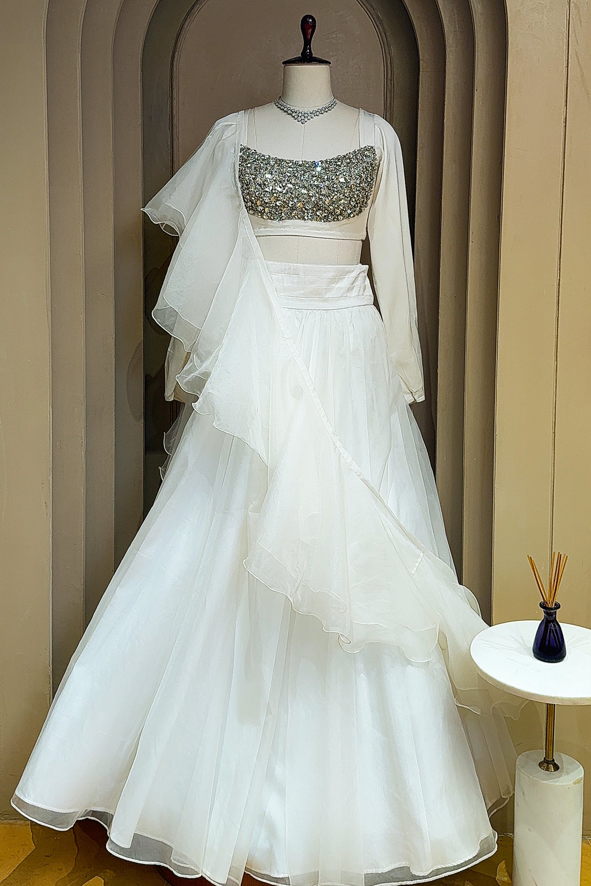 Pearl White Organza Lehenga with Stone Work and Attached Dupatta - white organza saree