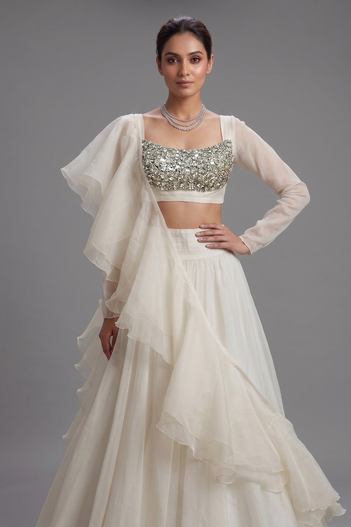 Pearl White Organza Lehenga with Stone Work and Attached Dupatta - white organza saree