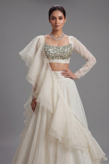 Pearl White Organza Lehenga with Stone Work and Attached Dupatta - white organza saree