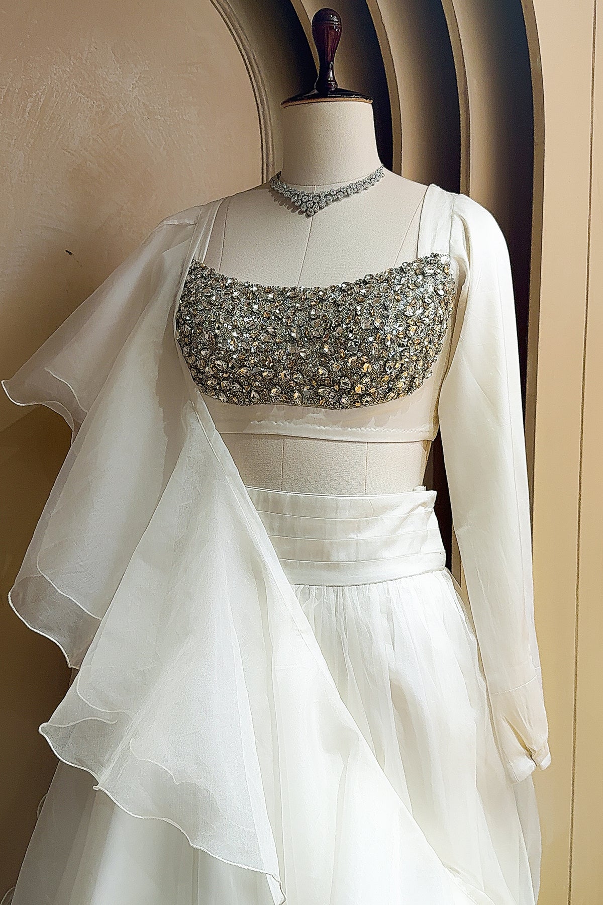 Pearl White Organza Lehenga with Stone Work and Attached Dupatta - white organza saree