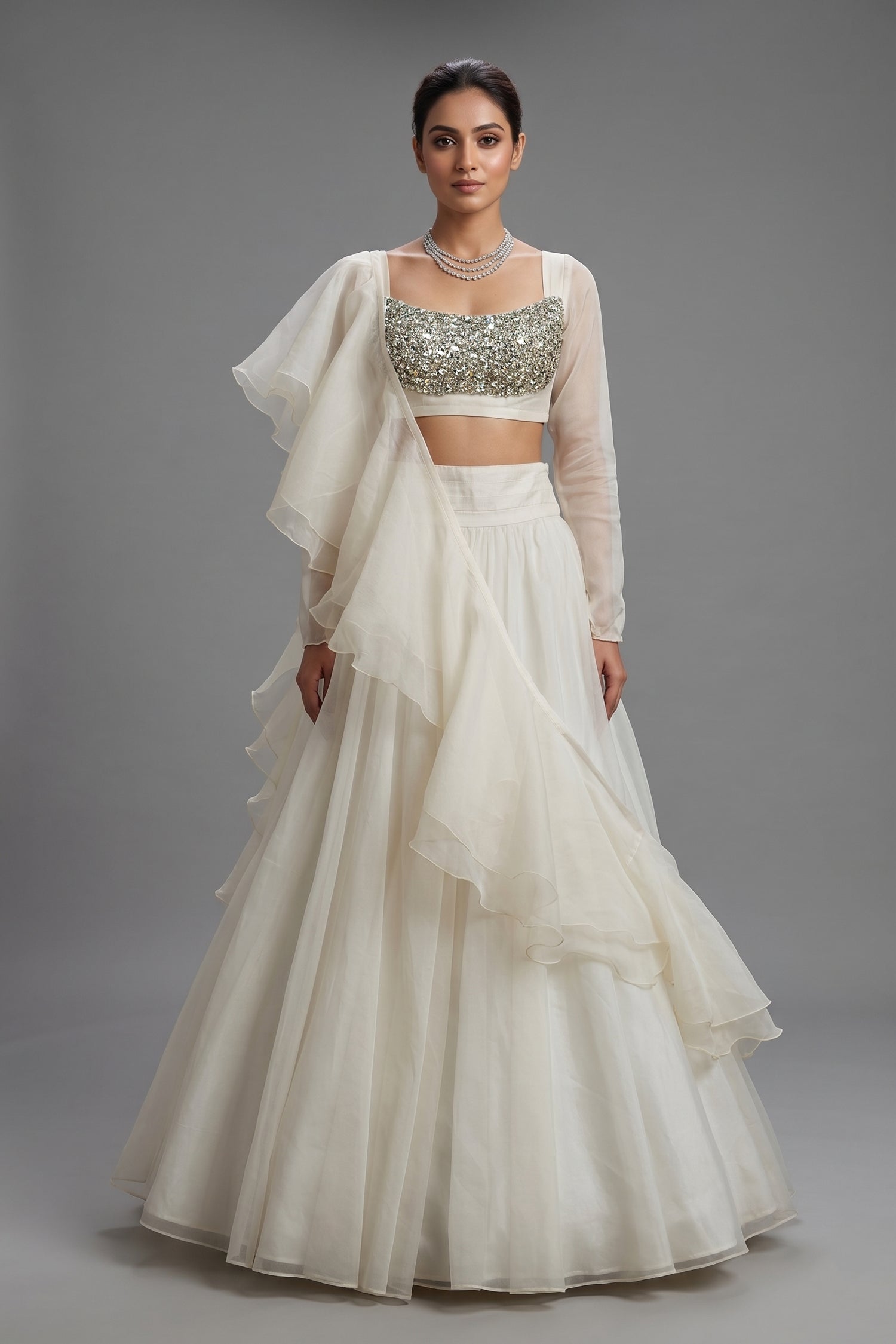Pearl White Organza Lehenga with Stone Work and Attached Dupatta - white organza saree Main image