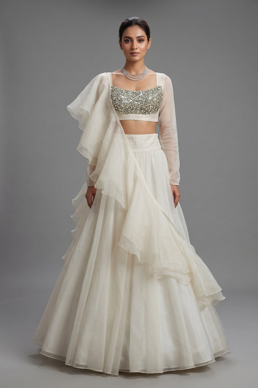 Pearl White Organza Lehenga with Stone Work and Attached Dupatta - white organza saree