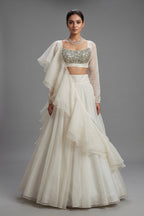Pearl White Organza Lehenga with Stone Work and Attached Dupatta - white organza saree
