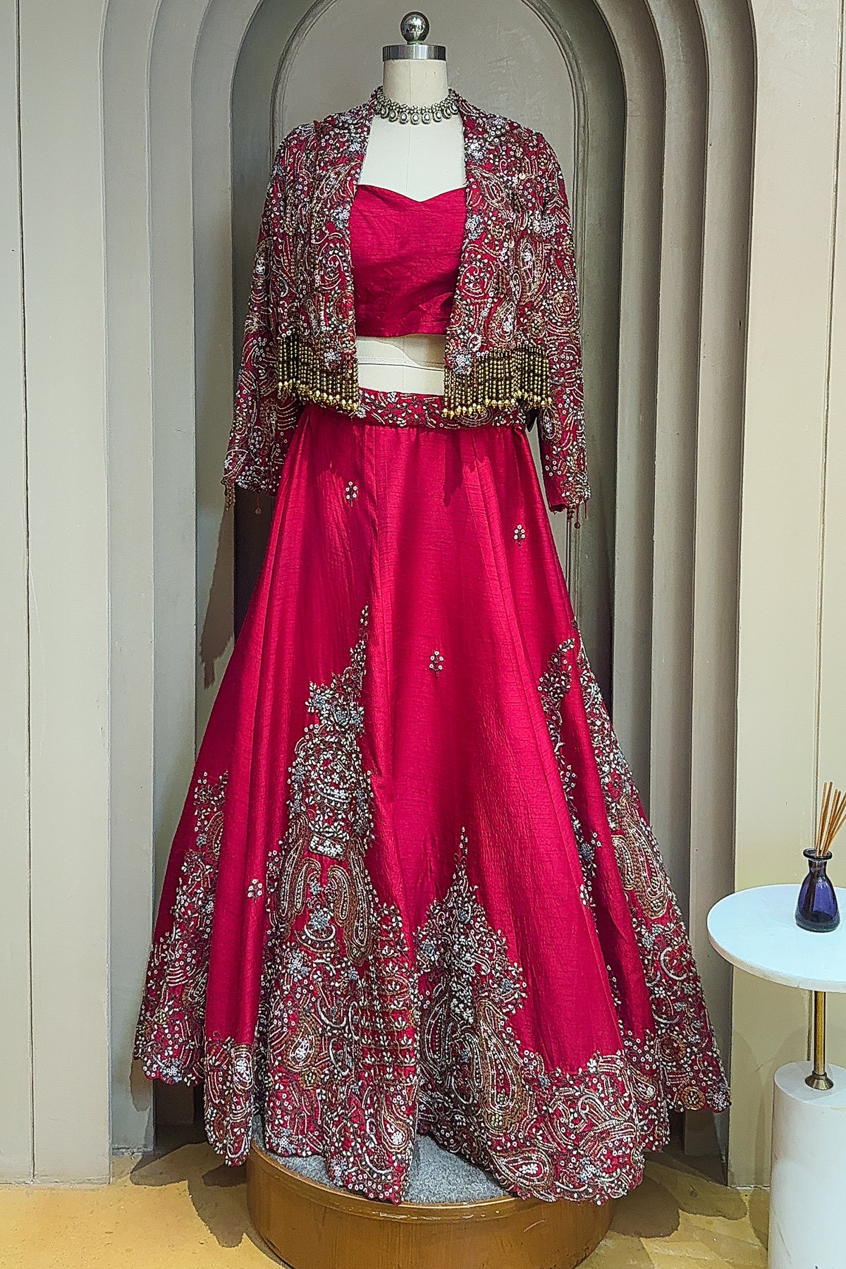 Deep Maroon Designer Handworked Raw Silk Crop Top Lehenga with Jacket - maroon silk saree