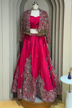 Deep Maroon Designer Handworked Raw Silk Crop Top Lehenga with Jacket - maroon silk saree