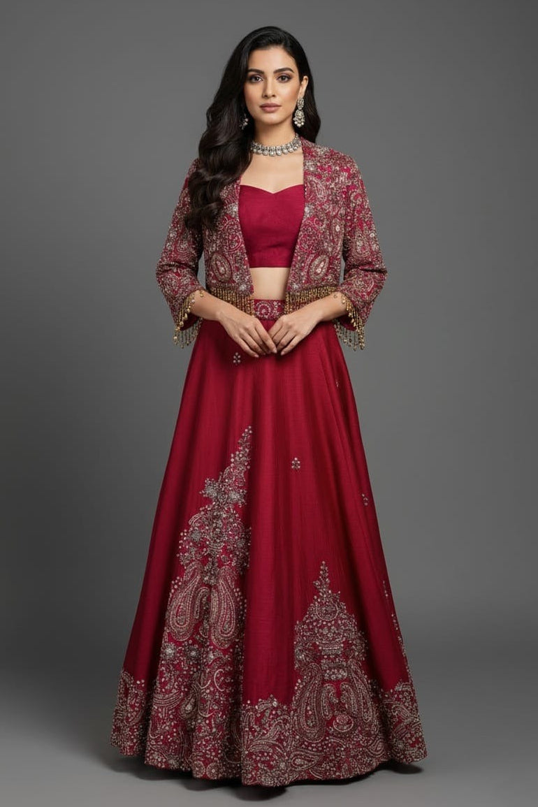 Deep Maroon Designer Handworked Raw Silk Crop Top Lehenga with Jacket