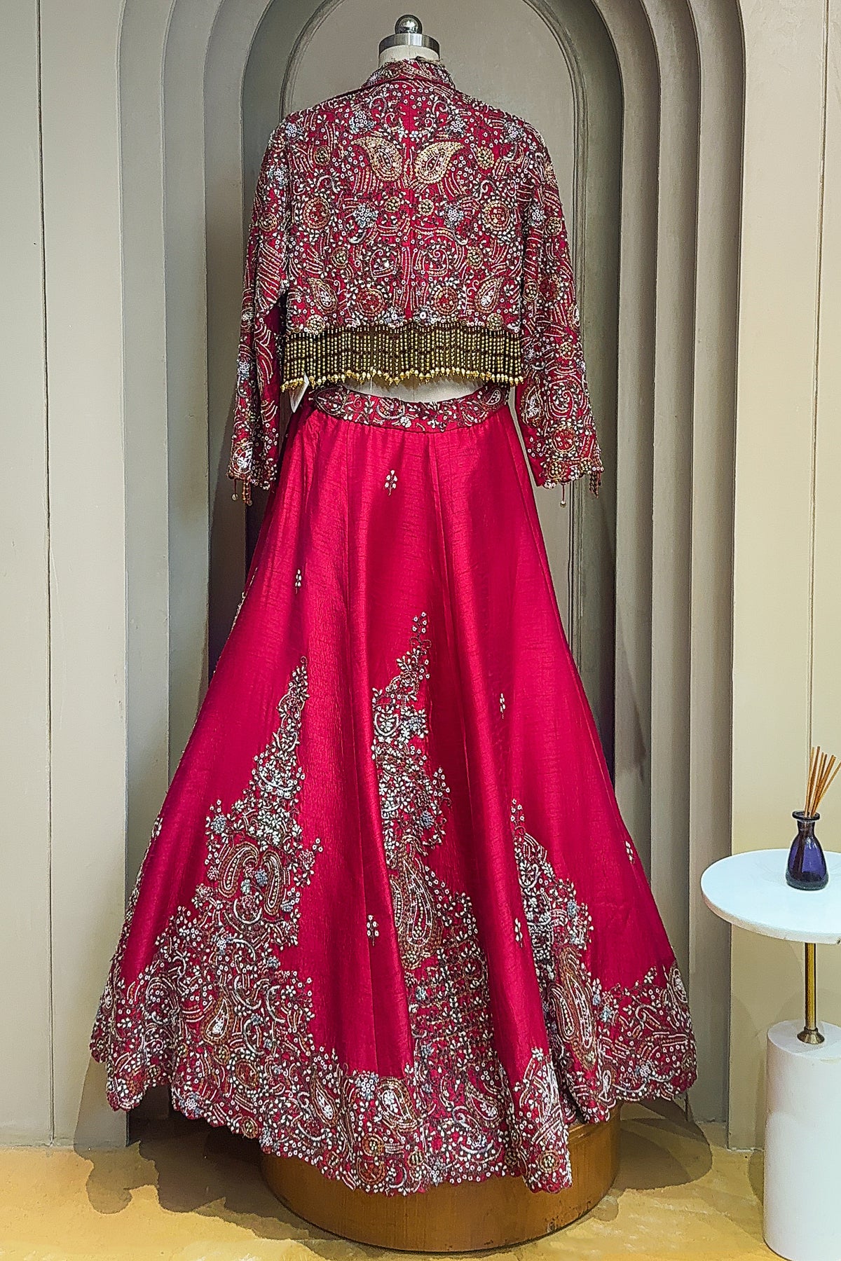 Deep Maroon Designer Handworked Raw Silk Crop Top Lehenga with Jacket - maroon silk saree