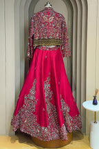 Deep Maroon Designer Handworked Raw Silk Crop Top Lehenga with Jacket - maroon silk saree