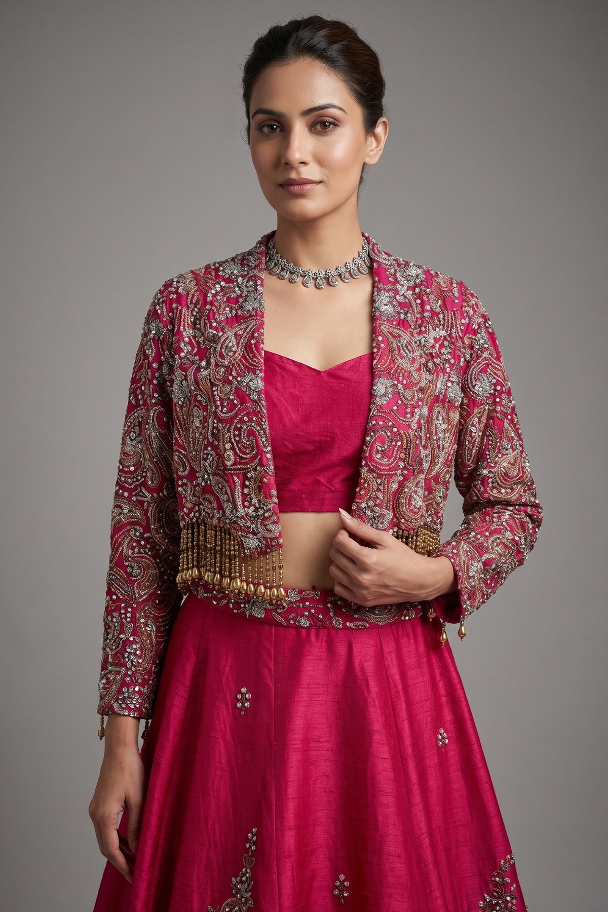 Deep Maroon Designer Handworked Raw Silk Crop Top Lehenga with Jacket - maroon silk saree