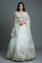 Pearl White Net Floral Patch Lehenga with Sequin Beaded Work - white net saree