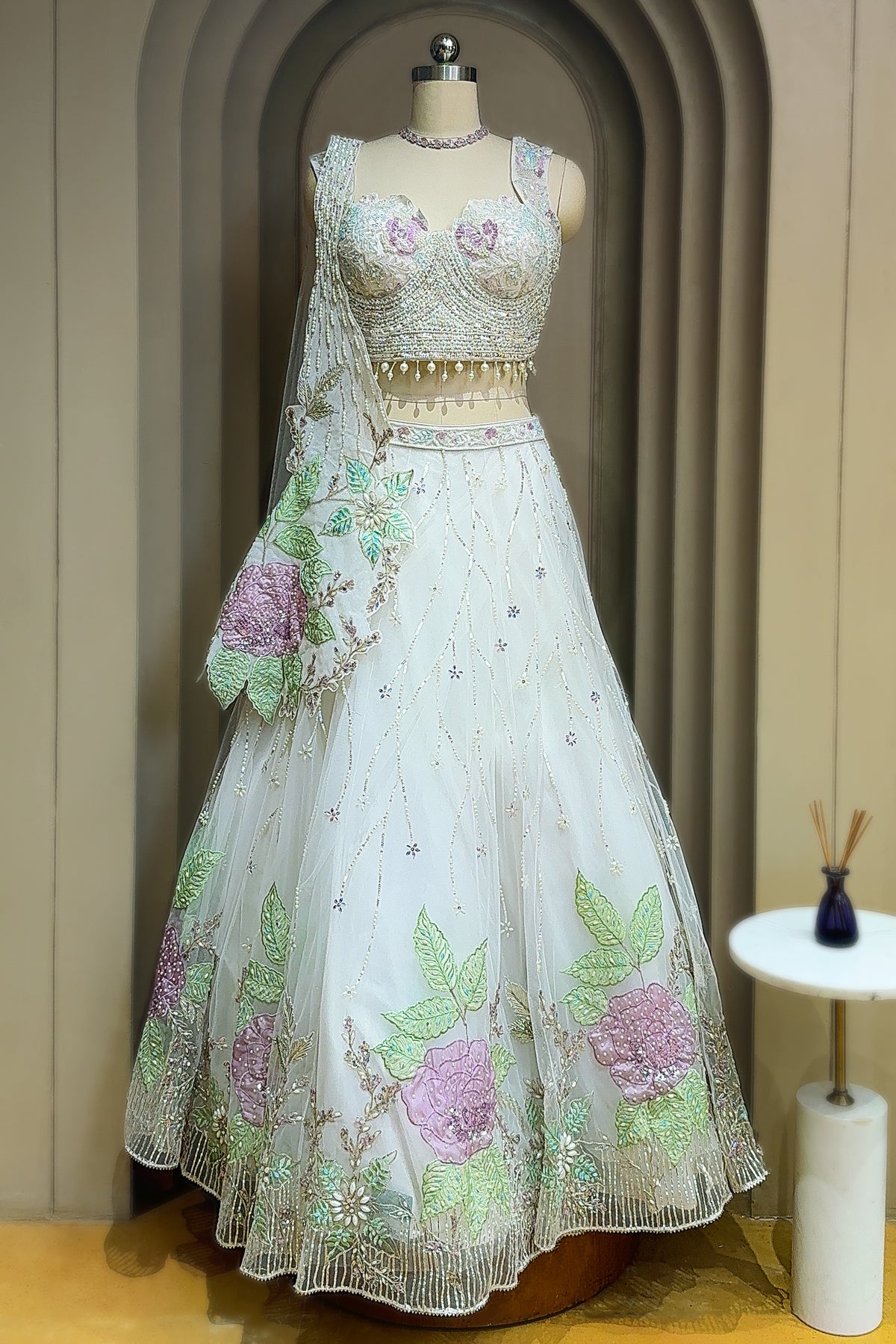 Pearl White Net Floral Patch Lehenga with Sequin Beaded Work - white net saree