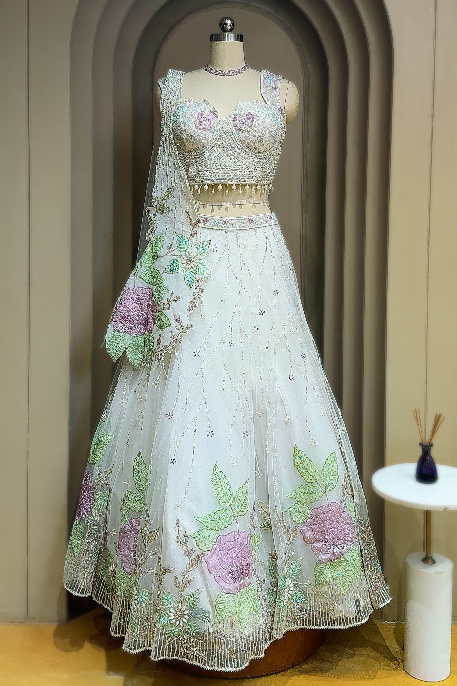 Pearl White Net Floral Patch Lehenga with Sequin Beaded Work - white net saree