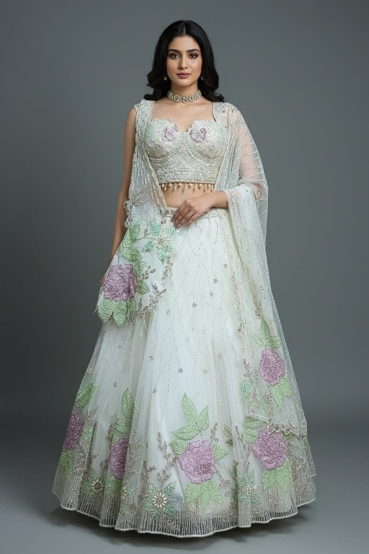 Pearl White Net Floral Patch Lehenga with Sequin Beaded Work