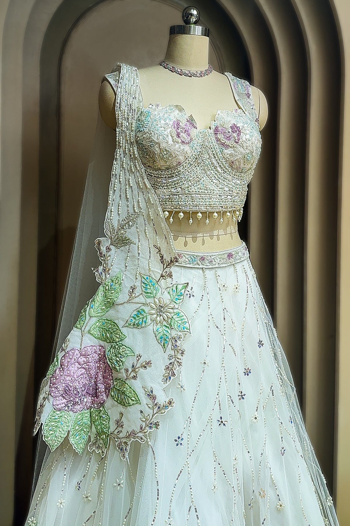 Pearl White Net Floral Patch Lehenga with Sequin Beaded Work - white net saree