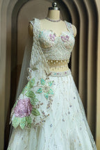 Pearl White Net Floral Patch Lehenga with Sequin Beaded Work - white net saree