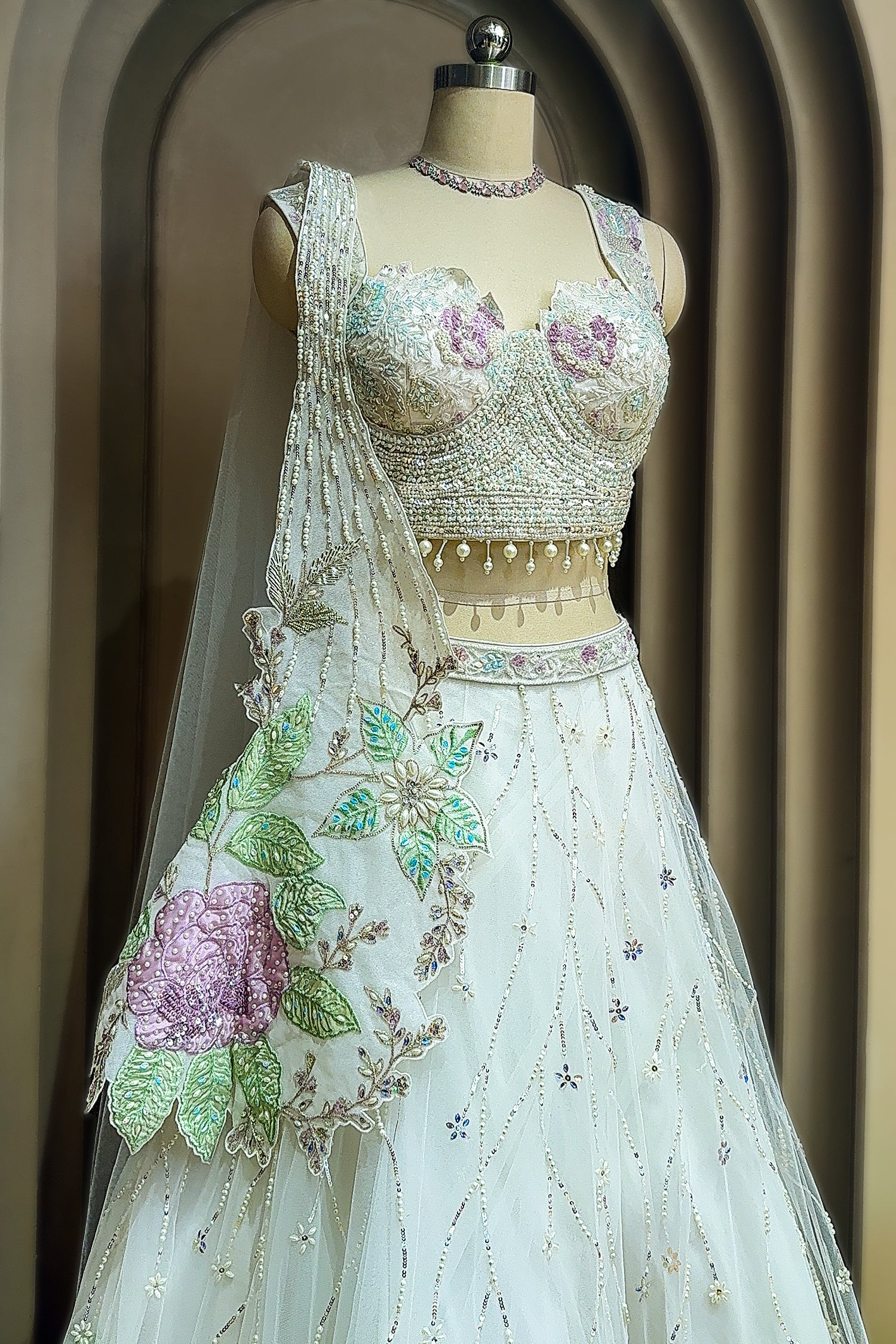 Pearl White Net Floral Patch Lehenga with Sequin Beaded Work - white net saree