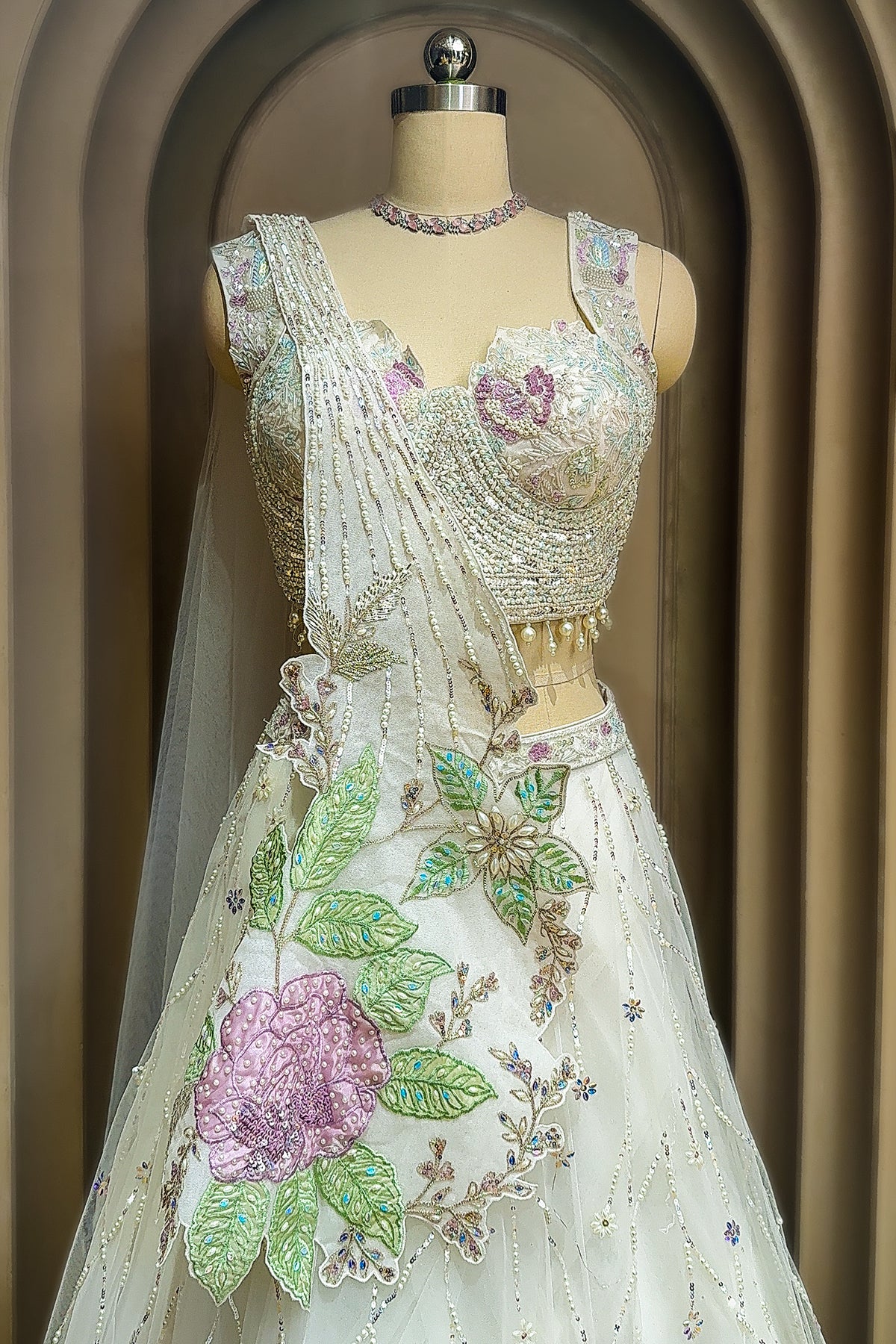 Pearl White Net Floral Patch Lehenga with Sequin Beaded Work - white net saree