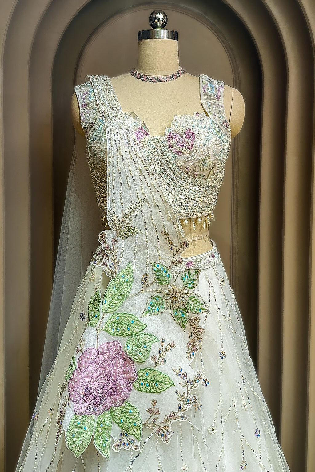 Pearl White Net Floral Patch Lehenga with Sequin Beaded Work - white net saree