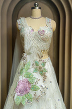 Pearl White Net Floral Patch Lehenga with Sequin Beaded Work - white net saree