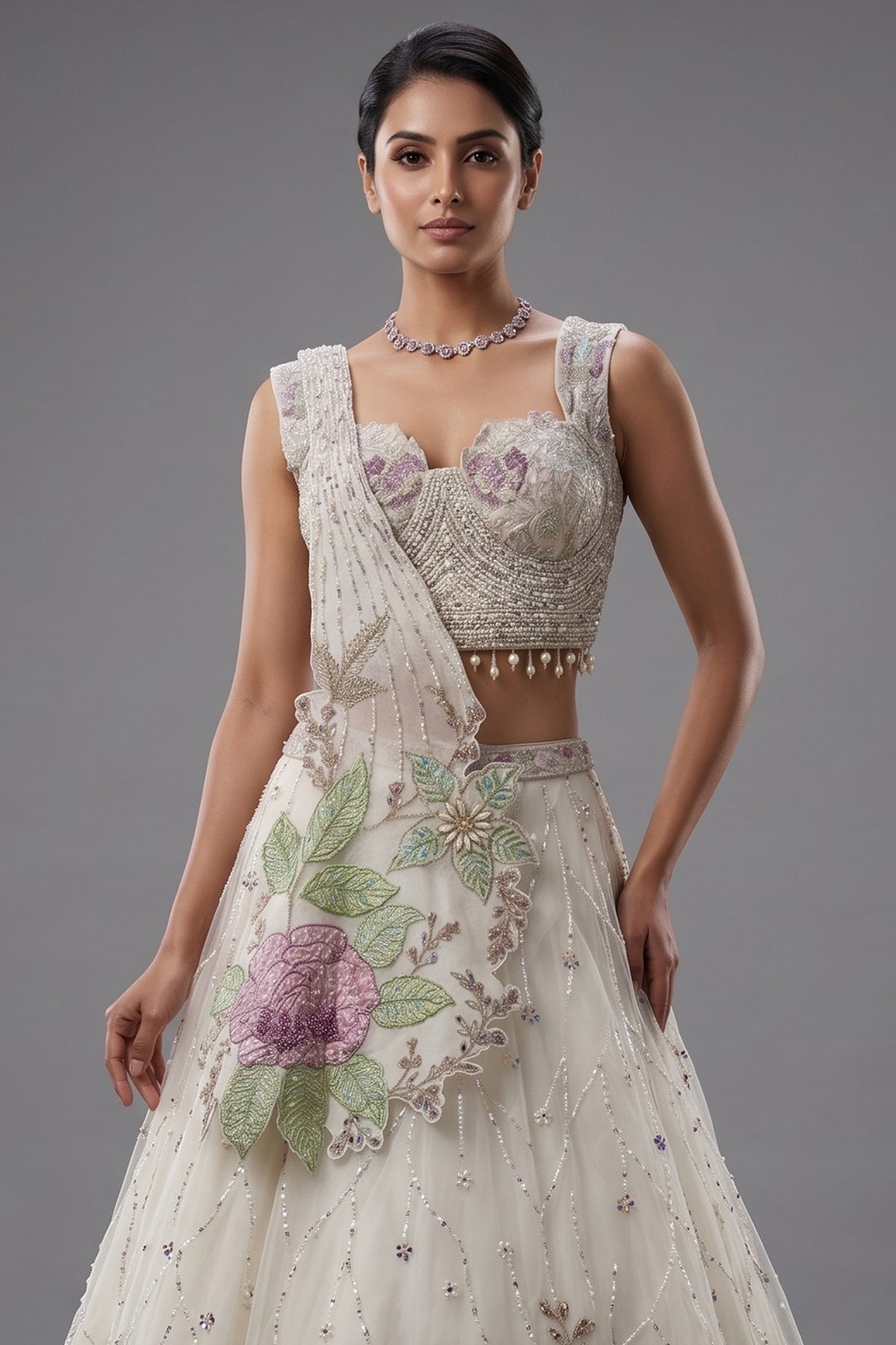 Pearl White Net Floral Patch Lehenga with Sequin Beaded Work - white net saree