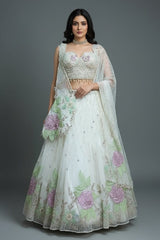 Pearl White Net Floral Patch Lehenga with Sequin Beaded Work