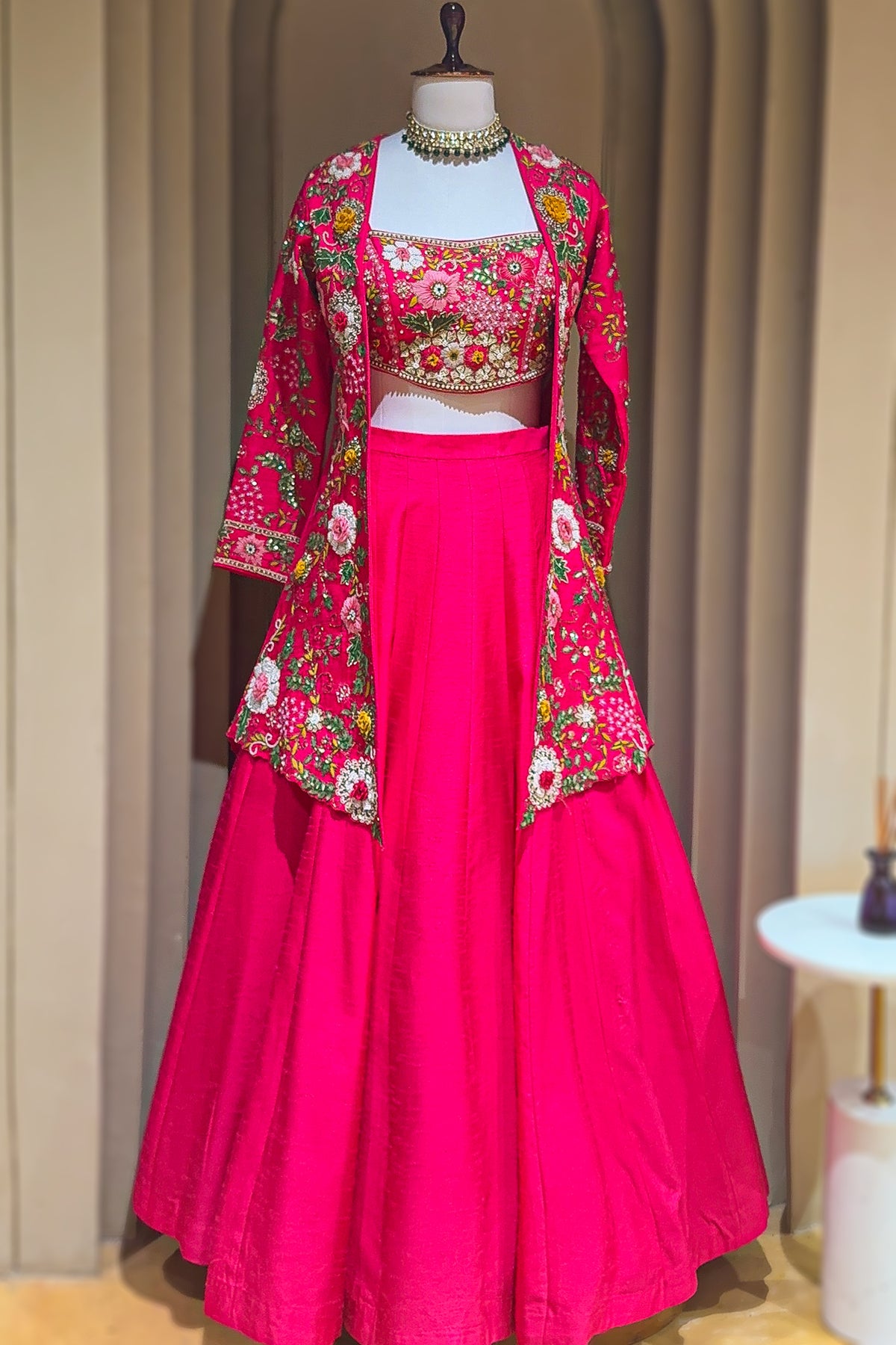 Pink Raw Silk Floral Embroidered and Beads Work Crop Top Lehenga with Jacket