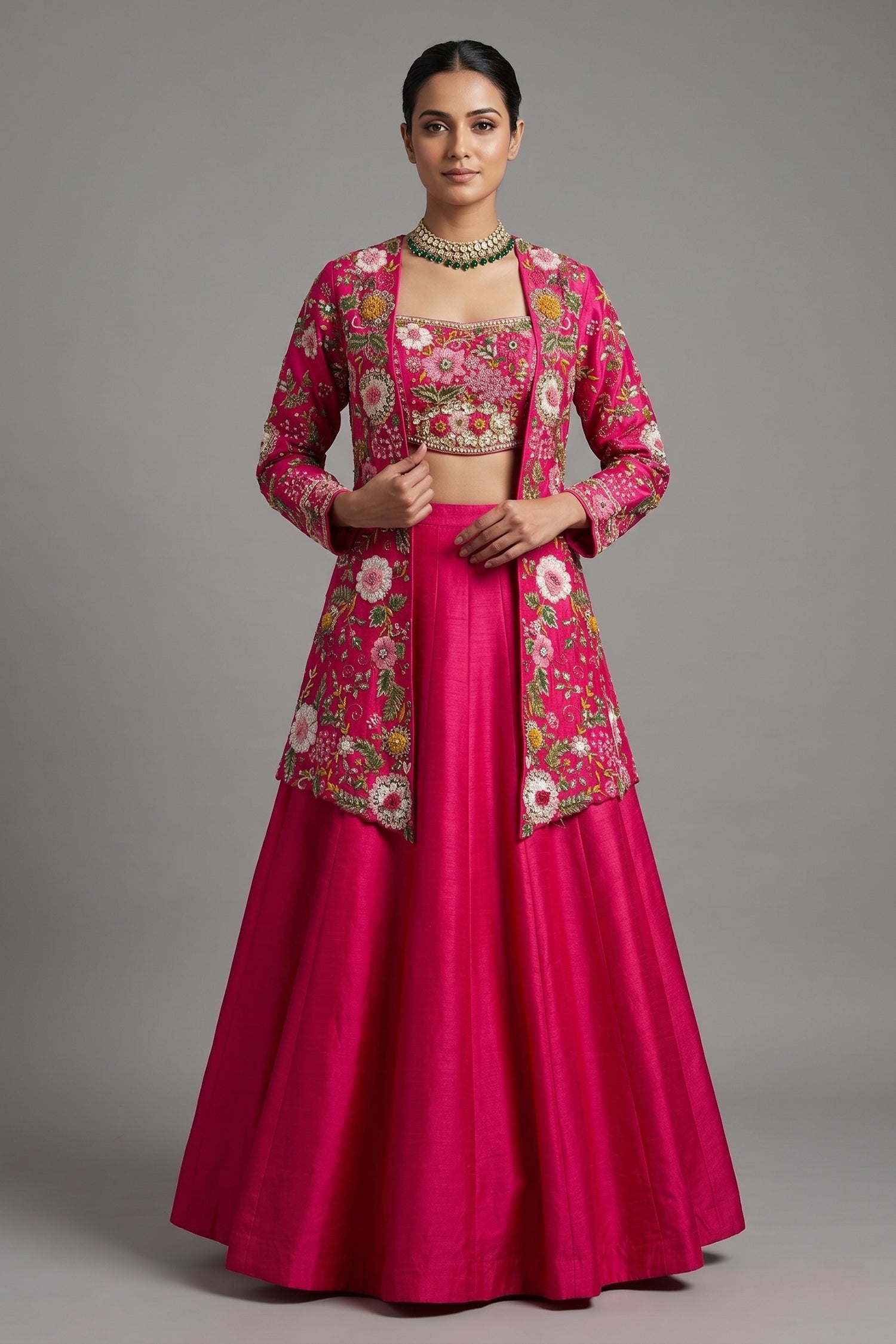 Pink Raw Silk Floral Embroidered and Beads Work Crop Top Lehenga with Jacket - red silk saree embroidered