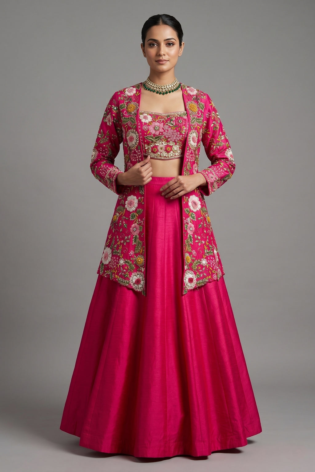 Pink Raw Silk Floral Embroidered and Beads Work Crop Top Lehenga with Jacket - red silk saree embroidered