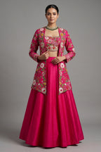 Pink Raw Silk Floral Embroidered and Beads Work Crop Top Lehenga with Jacket - red silk saree embroidered