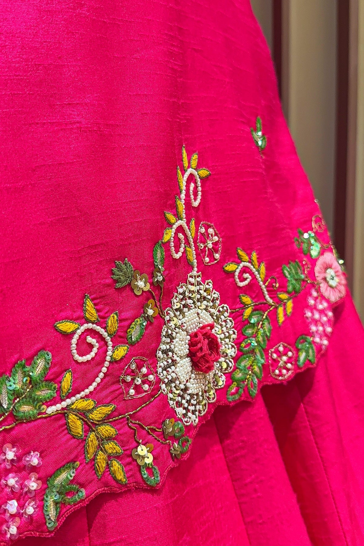 Pink Raw Silk Floral Embroidered and Beads Work Crop Top Lehenga with Jacket - red silk saree embroidered