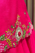 Pink Raw Silk Floral Embroidered and Beads Work Crop Top Lehenga with Jacket - red silk saree embroidered