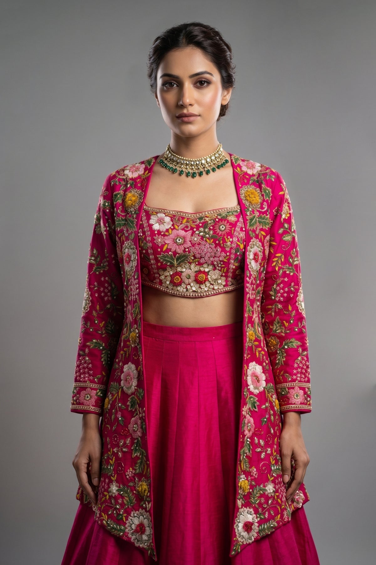 Pink Raw Silk Floral Embroidered and Beads Work Crop Top Lehenga with Jacket - red silk saree embroidered