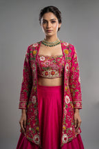 Pink Raw Silk Floral Embroidered and Beads Work Crop Top Lehenga with Jacket - red silk saree embroidered