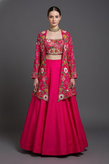 Pink Raw Silk Floral Embroidered and Beads Work Crop Top Lehenga with Jacket