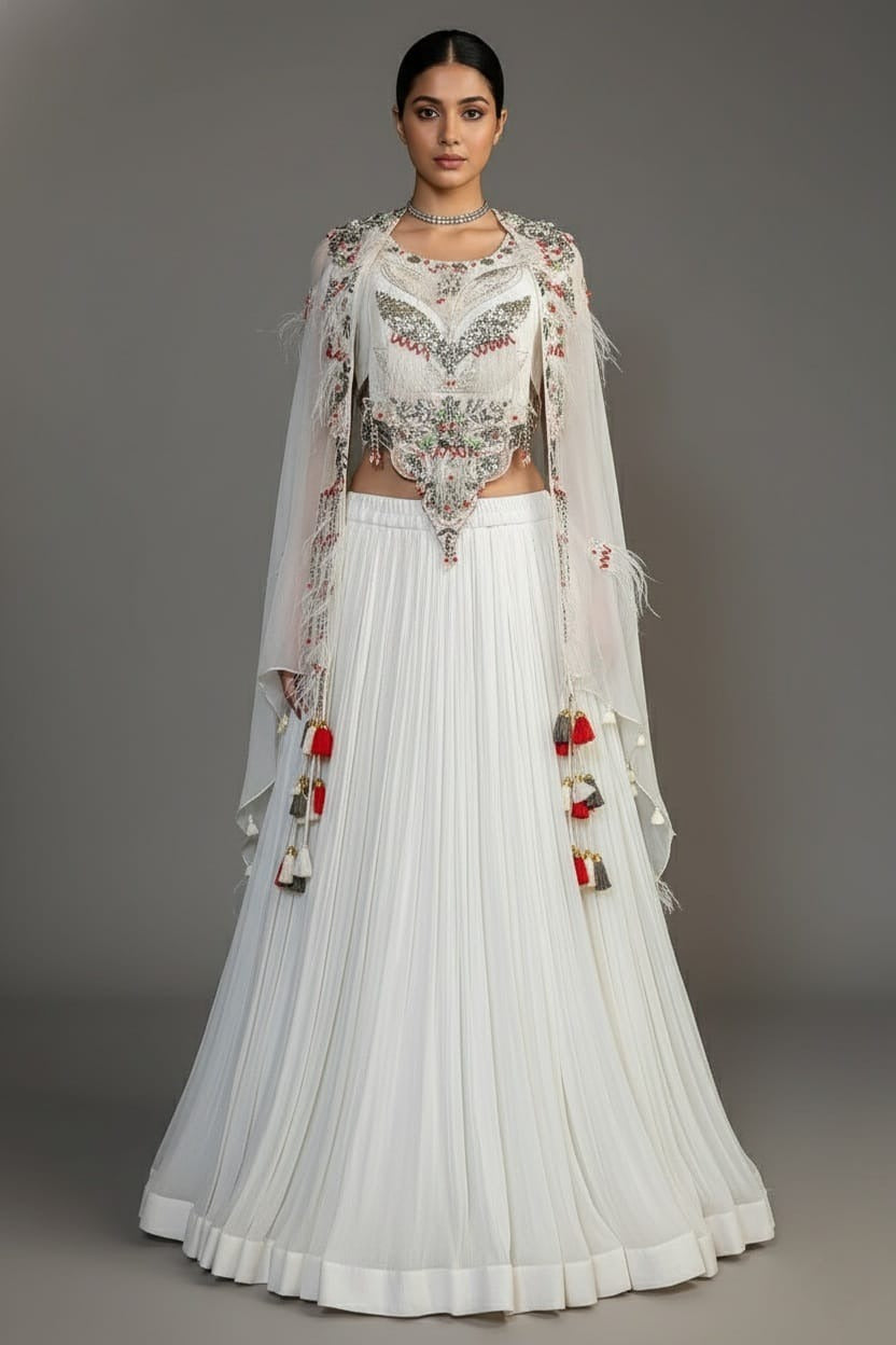 Pearl White Sequin Worked Georgette Crop Top Lehenga with Jacket - white georgette saree Main image