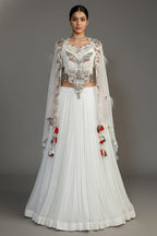 Pearl White Sequin Worked Georgette Crop Top Lehenga with Jacket - white georgette saree