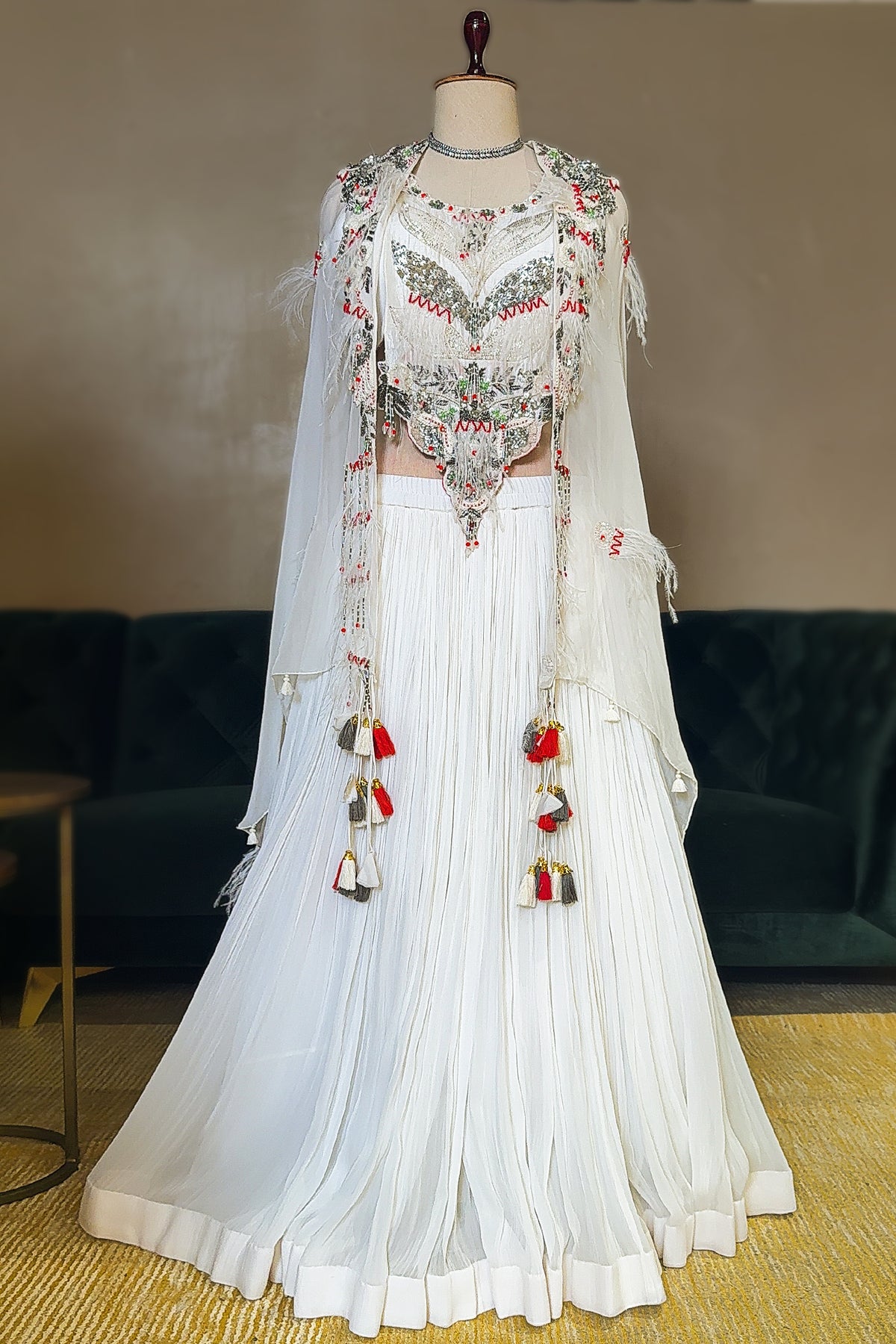 Pearl White Sequin Worked Georgette Crop Top Lehenga with Jacket - white georgette saree