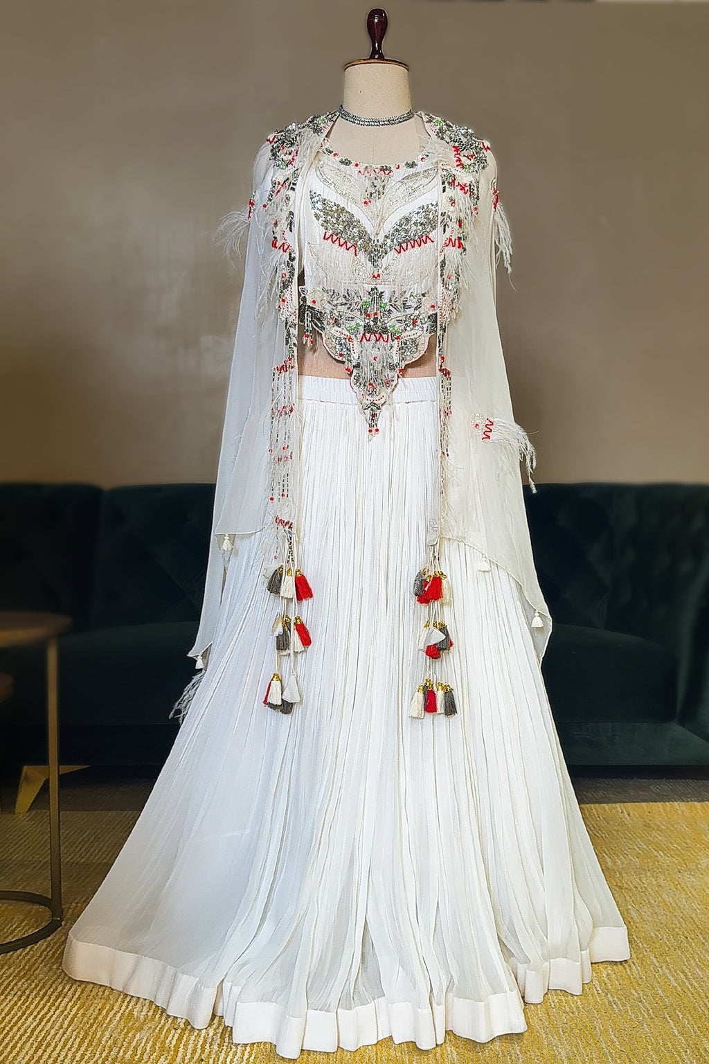 Pearl White Sequin Worked Georgette Crop Top Lehenga with Jacket - white georgette saree