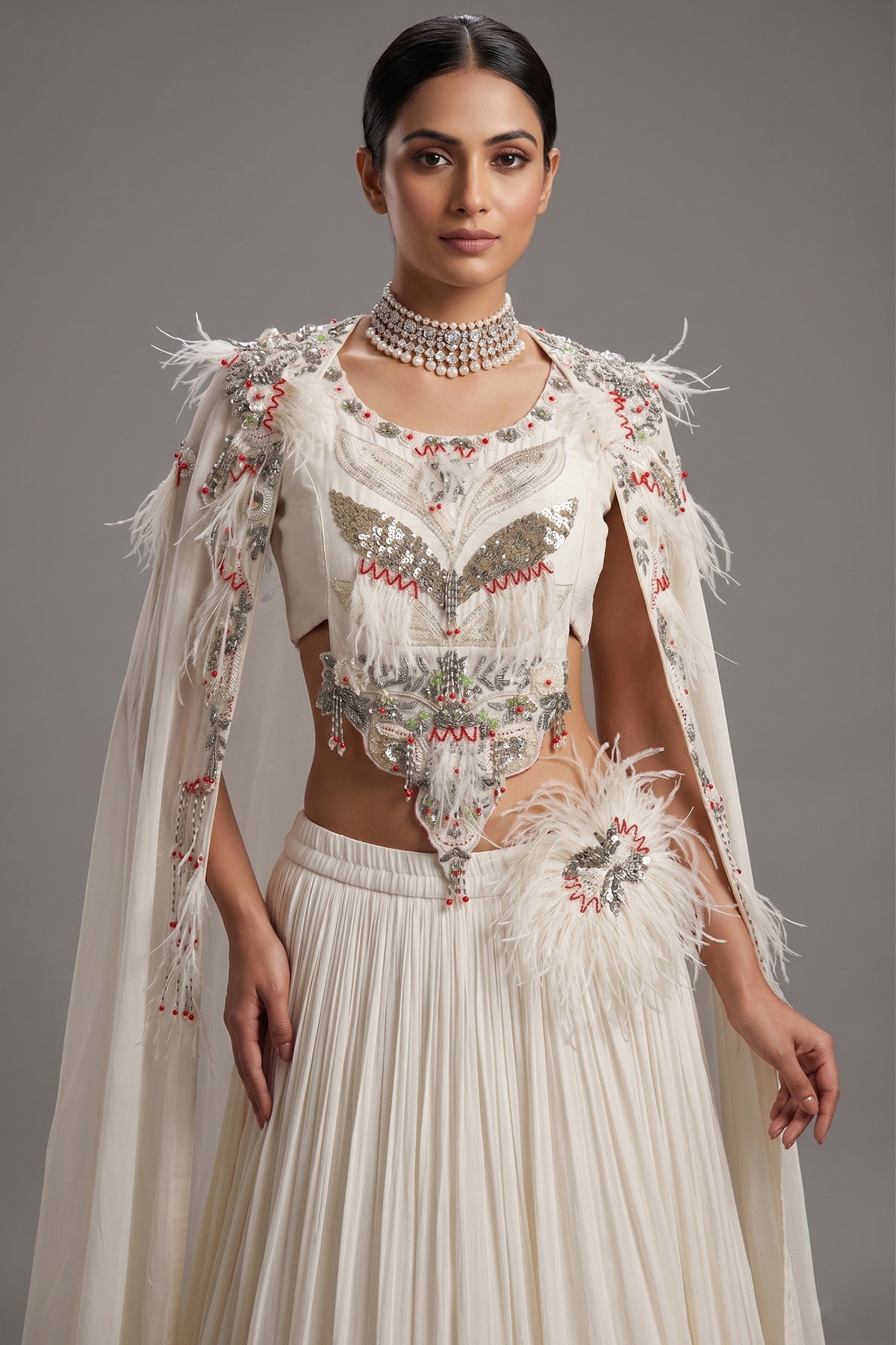 Pearl White Sequin Worked Georgette Crop Top Lehenga with Jacket - white georgette saree