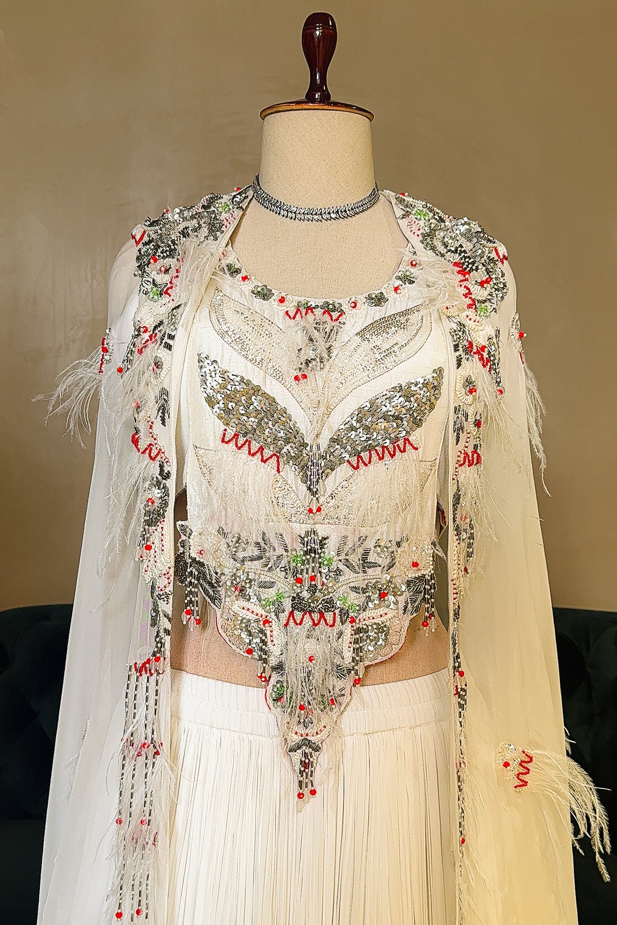 Pearl White Sequin Worked Georgette Crop Top Lehenga with Jacket - white georgette saree