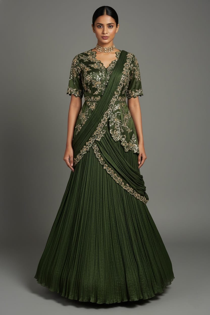 Green Chinon Chiffon Lehenga with Attached Dupatta and Long Top - green chiffon saree Main image
