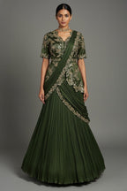 Green Chinon Chiffon Lehenga with Attached Dupatta and Long Top - green chiffon saree