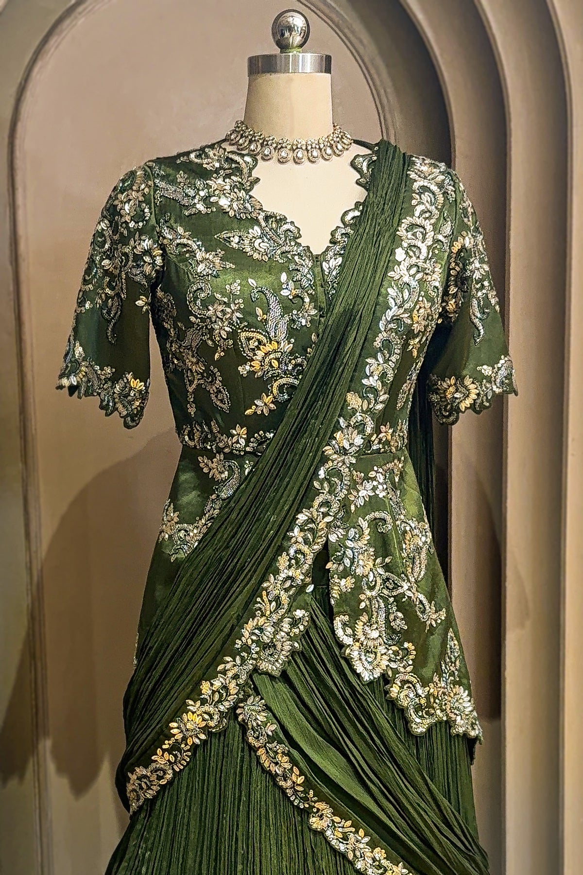 Green Chinon Chiffon Lehenga with Attached Dupatta and Long Top - green chiffon saree