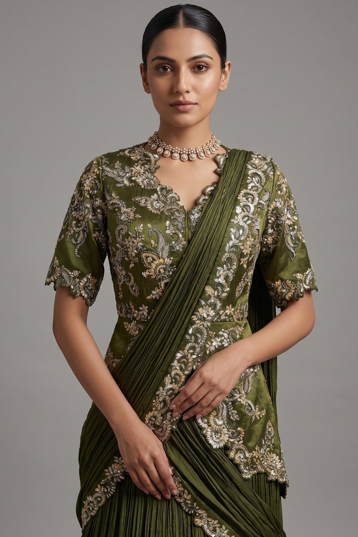 Green Chinon Chiffon Lehenga with Attached Dupatta and Long Top - green chiffon saree