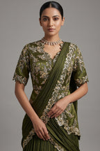 Green Chinon Chiffon Lehenga with Attached Dupatta and Long Top - green chiffon saree