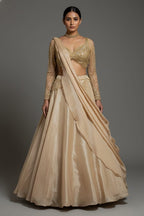 Beige Glass Tissue Handworked Crop Top Lehenga with Attached Dupatta - beige saree