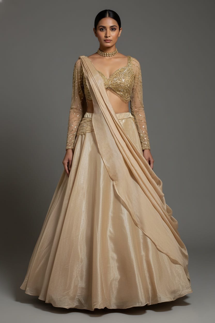 Beige Glass Tissue Handworked Crop Top Lehenga with Attached Dupatta - beige saree